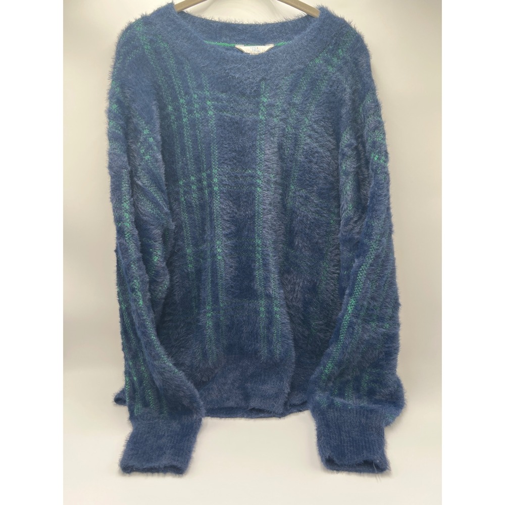 TIME‎ TRU Women XL Blue Green Plaid Fuzzy Angora Feel Sweater Long Sleeve